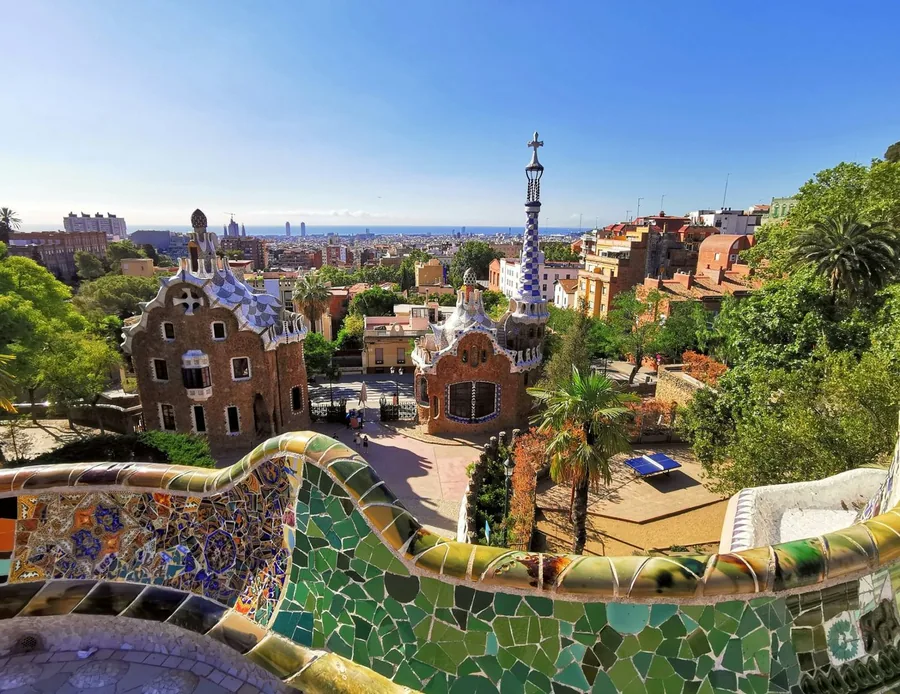 View over Barcelona from the mosaic terrace of Park Güell